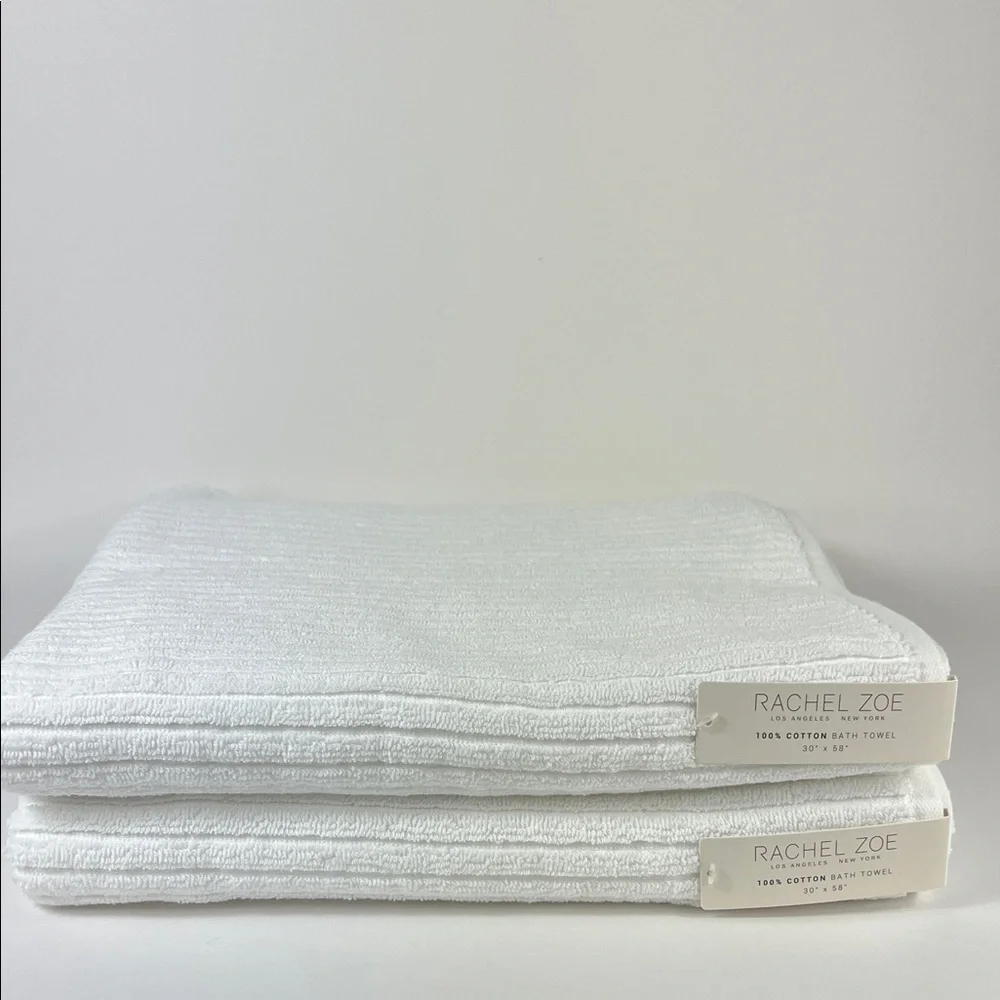 Rachel Zoe Bath Towels Pure White Ribbed Texture 100% Cotton Soft Set of 2 NEW